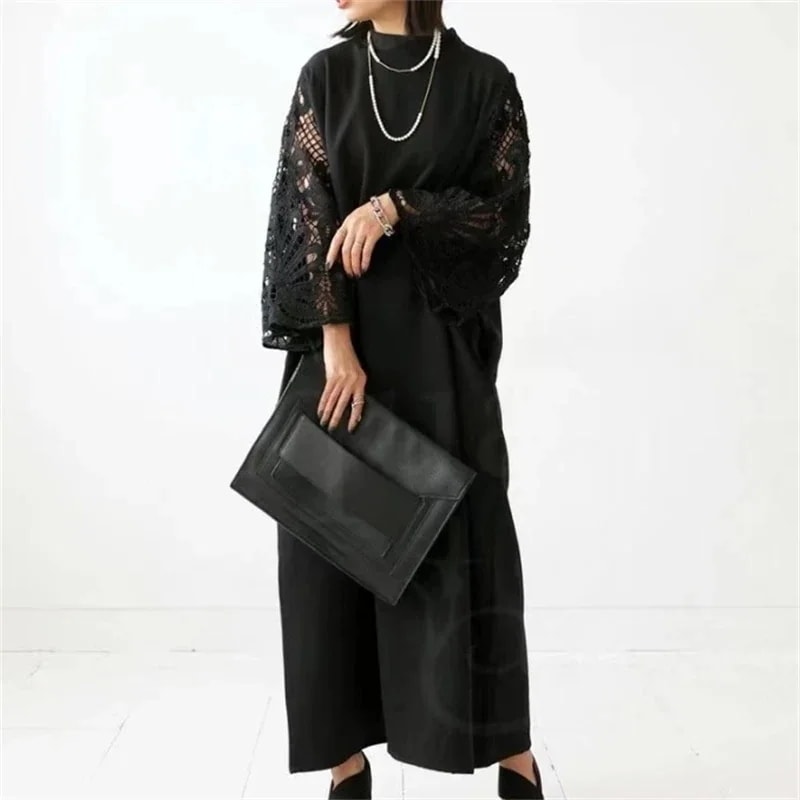 2024春夏新作 立ち襟 レース レトロ ゆったり 着痩せ ワンピース 長袖 レディース ワンピース体型カバー夏物ロングワンピースシンプルおしゃれ30%制限