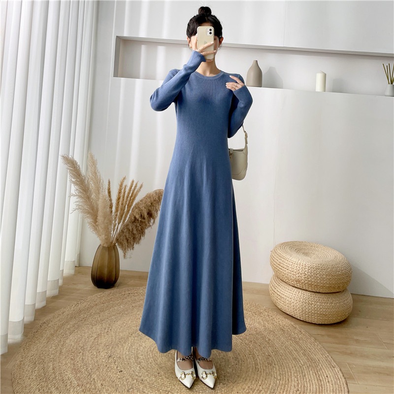 超ロングニットワンピース女性長袖秋冬新気質薄手膝丈セーターワンピースAラインロングスカート