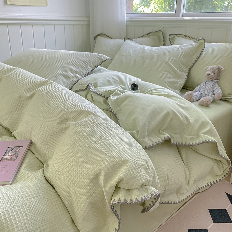 11 ワッフル4ピースセットセットセットピュアコットンシェルエッジキルトカバーinsソリッドカラーウォッシュコットンシートキルトカバーすべての綿ナントンベッド