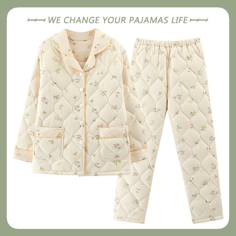 コットン3レイヤージャケットパジャマレディースシーズン大きいサイズ暖かい日ホームウェアスーツ