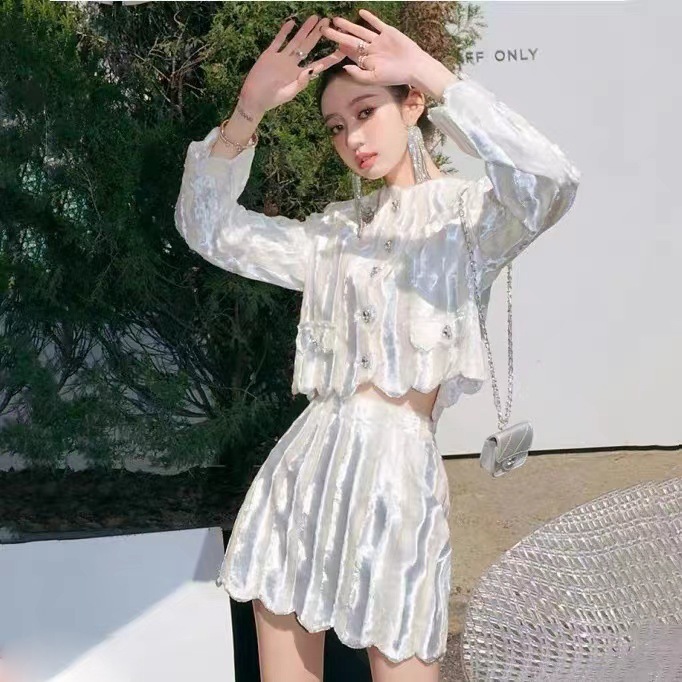 スーツ二点セット ホワイトルーズスーツトップスハイウエストスカートセット韓国ベルベット長袖ジャケット フォーマル セットアップ 卒業式 卒園式 発表会