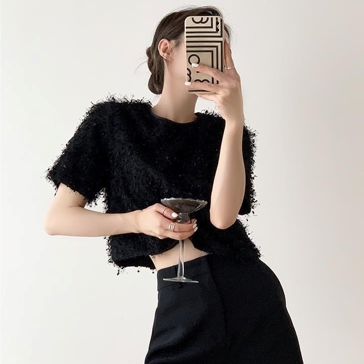 シャギーニット 半袖 黒 ブラック シャギートップス シャギー ニット ファーニット ファートップス プルオーバー 韓国 オルチャン ブラックファートップス ショート丈ニット 腹だしトップス