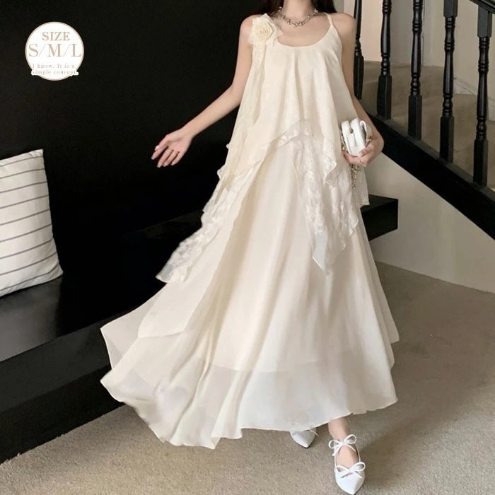 【2枚購入で1oo円OFF】キャミソールワンピース レディース ロング きれいめ キャミワンピース シフォン フレア ノースリーブ 春夏 切り替え Aライン ロングワンピース フレアワンピース 大きサ