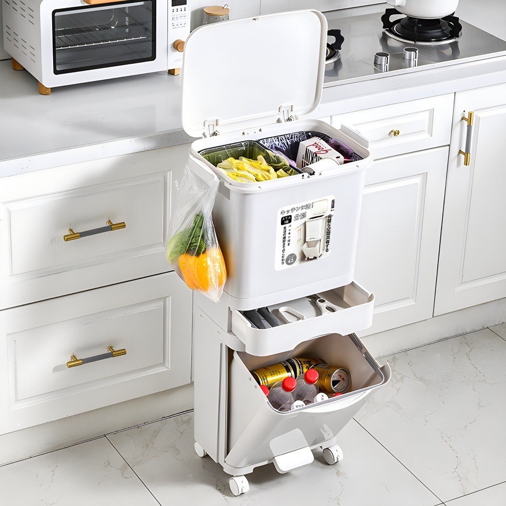 ゴミ箱 スリム 縦型 2段 おしゃれ キッチン ふた付き 3分別 大容量 ワゴン 42L ダストボックス リビング ペダル ごみ箱 足踏み タオルラック フラップ式 ホワイト 新生活 DJYC215