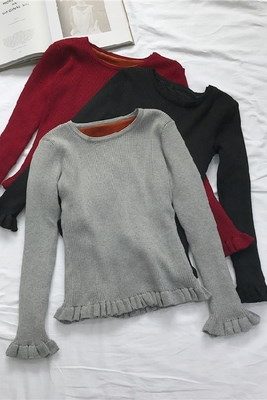 秋冬/女性服/韓国風/丸襟/裏起毛/手厚い/着やせ/長袖/キクラゲなようなエッジ/ニット/ヘッジ/セーター/ボトム/洋服 秋冬/女性服/韓国風/丸襟/裏起毛/手厚い/着やせ/長袖/キクラゲなようなエッジ/ニット/ヘッジ/セーター/ボトム/洋服