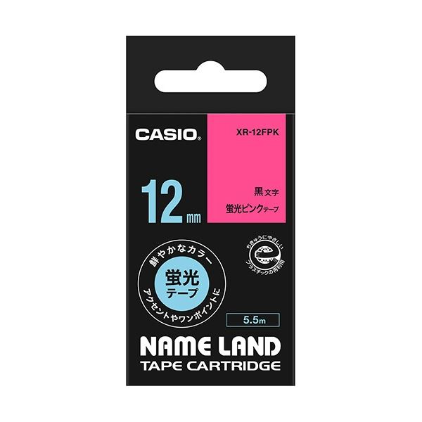 (まとめ) カシオ CASIO ネームランド NAME LAND スタンダードテープ 12mm×5.5m 蛍光ピンク／黒文字 XR-12FPK 1個 (×10セット)