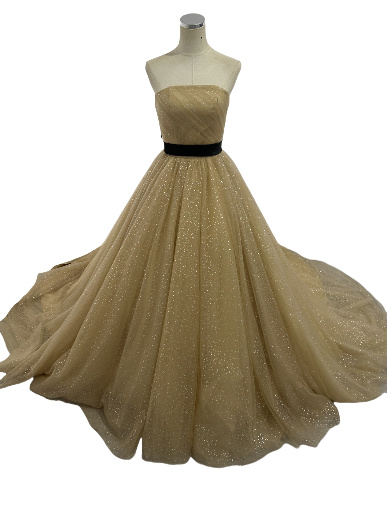 カラードレス シャンパン色 ベアトップ キラキラグリッターチュール ベルト 編み上げ 結婚式 トレーン