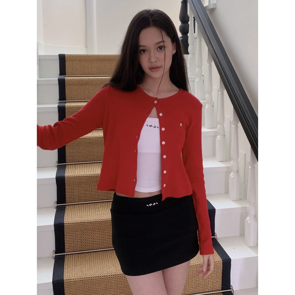 INJIACTIVE メタルロゴパンチングニットカーディガンレッド