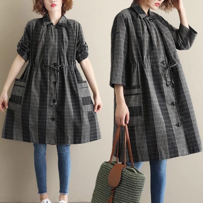 2L L M 春夏 オーバサイズ 大きめ ゆった 体型カバー 7分袖 半袖 Aライン ロング 膝丈 チェック柄 ブラウジングワンピース ワンピース ロングシャツ シャツ シャツワンピース