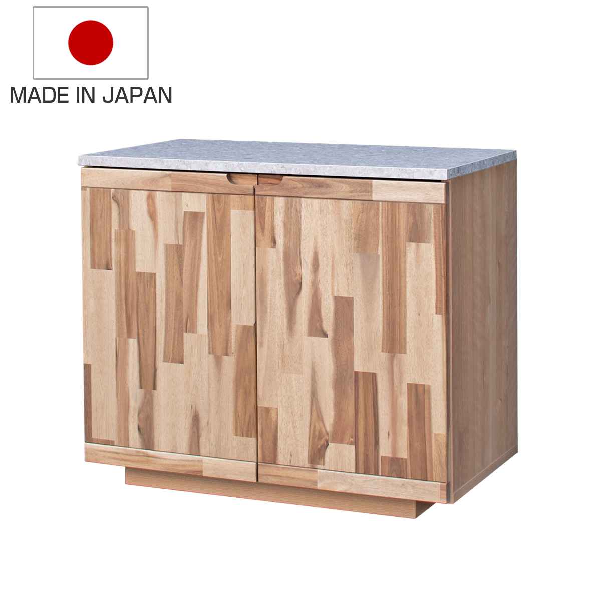サイドボード メラミン天板 アカシア前板 REVNA 日本製 幅80cm 収納 棚 ラック 窓下 リビング 作業台 天然木前板 完成品 食器棚 リビング収納 可動棚 石目調 無垢材 テレビ台