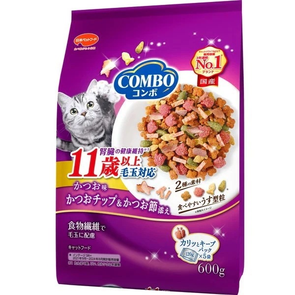 【12個セット】 日本ペットフード コンボキャット毛玉対応11歳以上かつお味・かつおチップ・かつお節添え600g