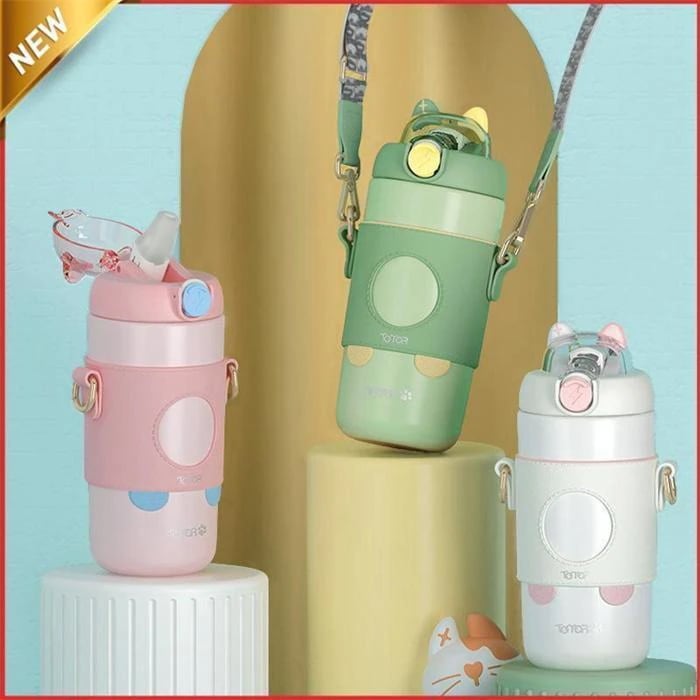 肩ひも ボトル ステンレス こども ワンタッチ 子供 水筒カバーセット キッズ ステンレス ストロー式 紐付き 500ML ストロー 子供用 【Primepic】【急速出荷】水筒