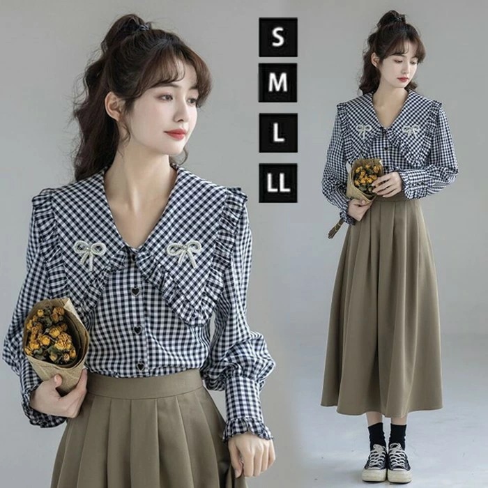ビッグカラー ブラウス チェック柄 フリルカラー 襟 長袖 襟付 シャツ レディース リボン トップス 大人 可愛い きれいめ 長袖シャツ ボリューム袖 秋 冬 春 カジュアル レディースシャツ オシ