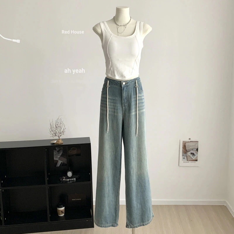 パンツロングパンツ夏 デニムパンツ ジーンズ ワイドパンツ 韓国 秋 着痩せ ストレート レディース 冬 四季 ライトブルー 美脚 春 ゆったり 大きいサイズ ハイウエスト