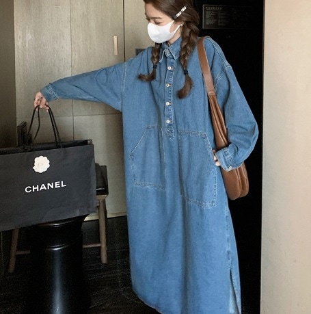 ワンピース デニムワンピース ロング丈 長袖 襟付き シャツカラー デザイン ボタン オーバーサイズ ビッグシルエット 美ライン ニュアンス ポケット デニム ブルーデニム リラックス かわいい