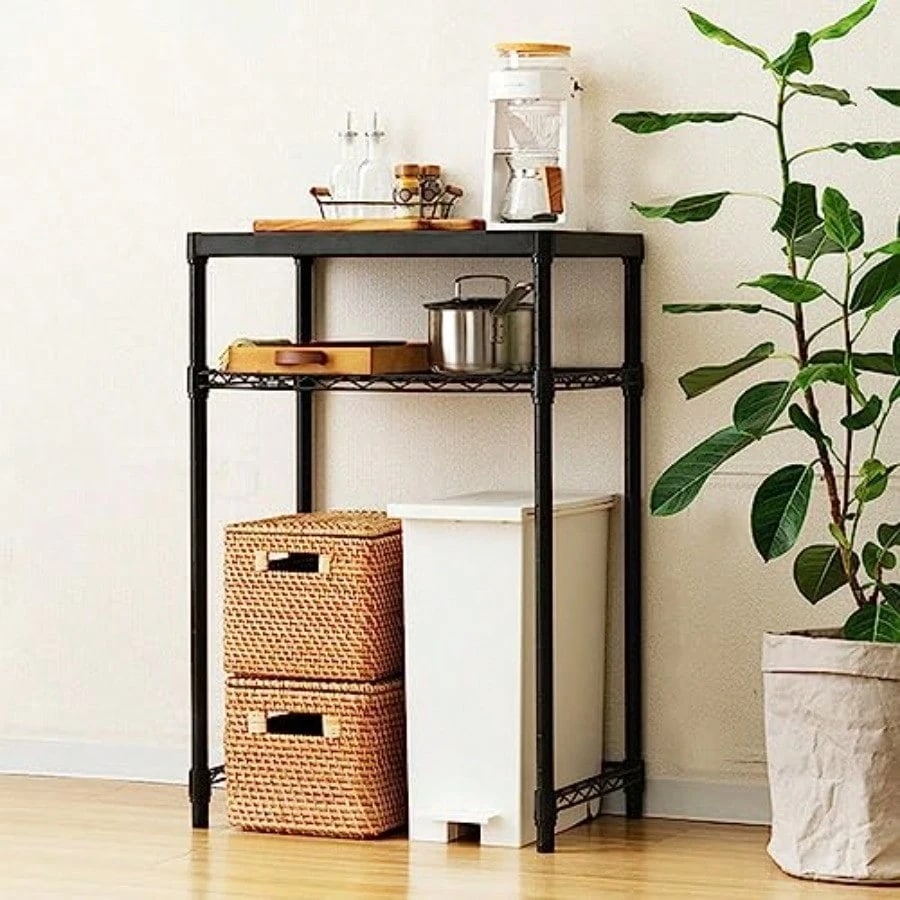 ドウシシャ ルミナス ノワール キッチンラック 棚 幅60 2段 スリムゴミ箱上ラック 全体耐荷重160kg 大型レンジ対応 レンジ台 炊飯器 作業台 オシャレな黒 コの字バー ソリッドシェルフ 幅6