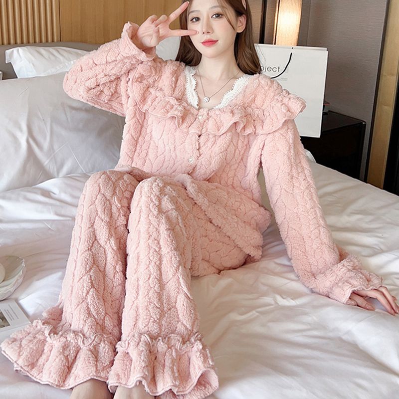 裏起毛ファッション フランネル ジャカード スイート 可愛い 厚手 裹起毛 柔らかい お肌に優しいホームウェア ウォーム 高級感 パジャマ
