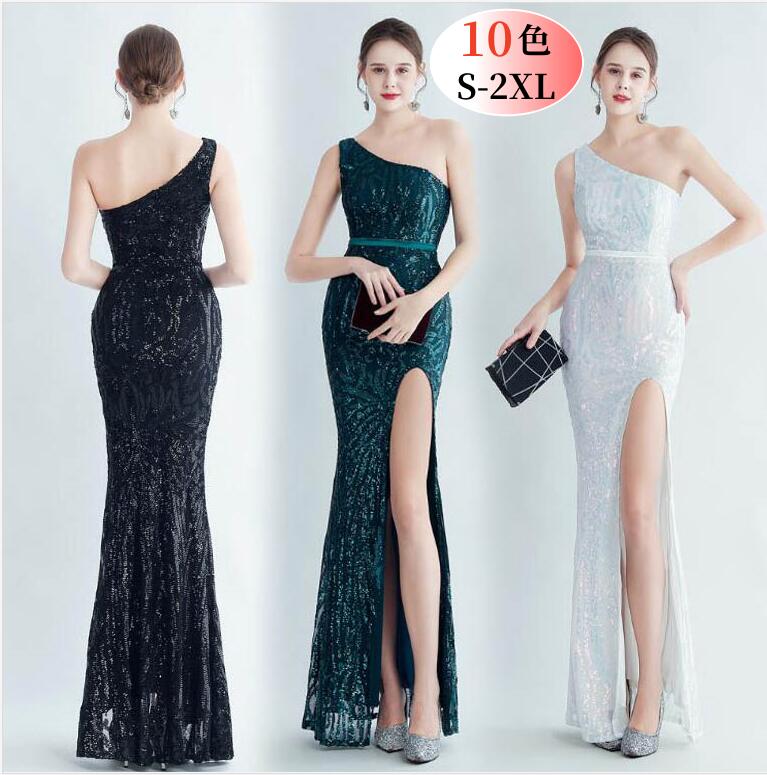 10色お揃い 総スパンコール デザイン刺繍 ワンショルダー ワンピース ドレス 披露宴 二次会 キャバドレス ロングドレス タイトワンピース スリット入り キラキラ イブニングドレス お花嫁 パーティ