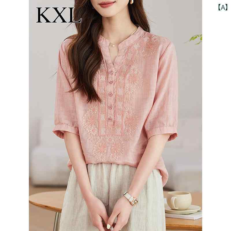 トップス レディース おしゃれ 上品 通勤 オフィス カジュアル 夏 体型カバー 刺繍 シャツ お母さん スリーブ シャツ