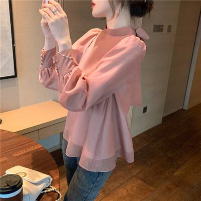 トップス レディース ブラウス シャツ カットソー 長袖 シフォン リボン 無地 大人 可愛い今日は30パーセント