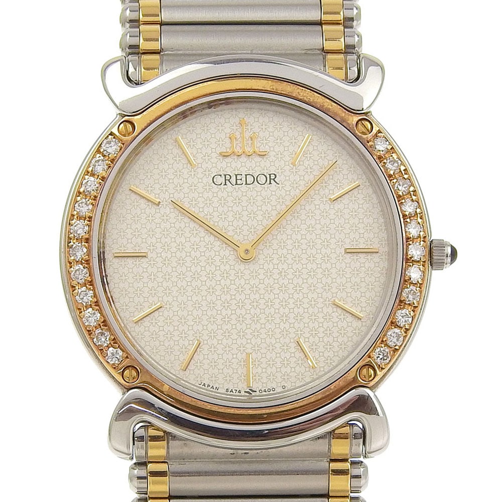 クレドール 5A74-0190 腕時計 ステンレススチール K18イエローゴールド ダイヤモンド クオーツ アナログ表示 メンズ アイボリー文字盤 中古品