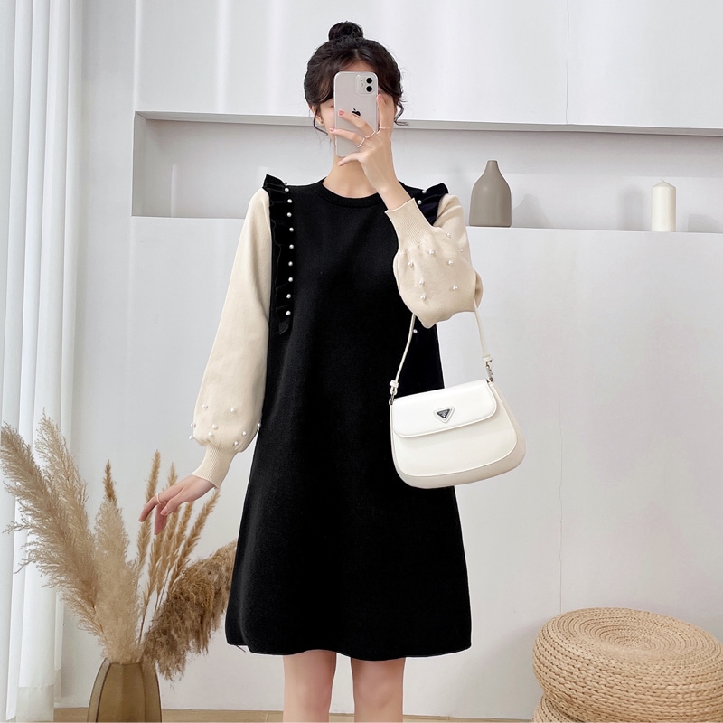 【送料無料】マタニティ ワンピース パール フリル バイカラー ニット パフスリーブ