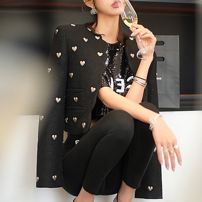 ハートスタッドジャケット ハートスカラップジャケット ノーカラージャケット. レディース ショートジャケット ノーカラー ハート エレガント D282ノーカラージャケット