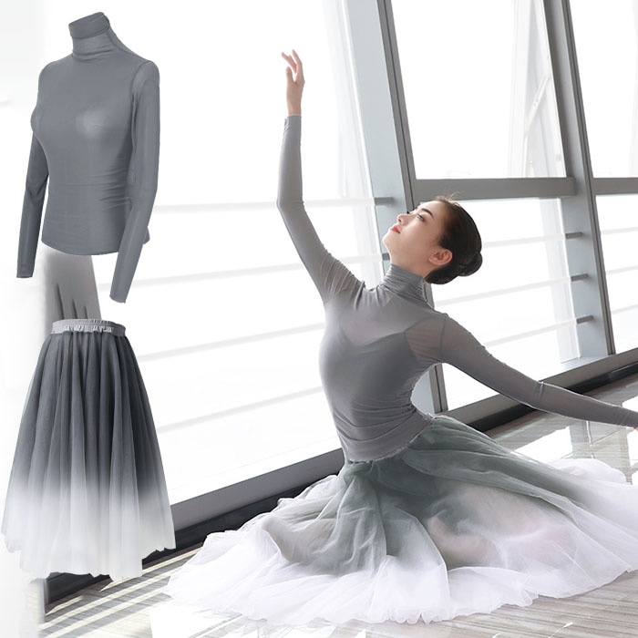 バレエ 2点セット 長袖 大人 バレエ用品 バレエ形体服 上下セット トップス/スカート 練習服 バレエダンス 演出用 練習着 体操服 ヨガ服 グレー 楽天海外通販