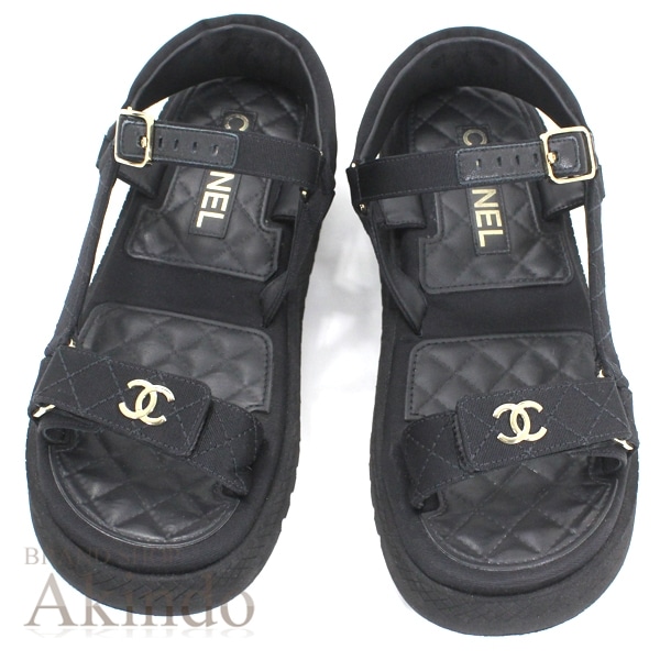 シャネル CHANEL CC マトラッセ サンダル サイズ:38 #38 G38880 黒 ブラック ココマーク ゴールド金具 レディース 婦人靴 スポーツサンダル ブランド 軽量
