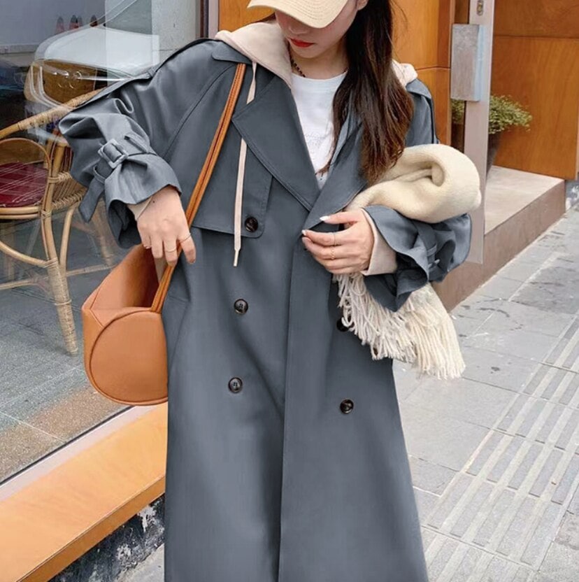 コート トレンチ ロング 襟付き ストレート Iライン フード付き 前開き かわいい 大人可愛い カジュアル シンプル おしゃれ ラフ ルーズ モテ 重ね着 L XL ベージュ グレー