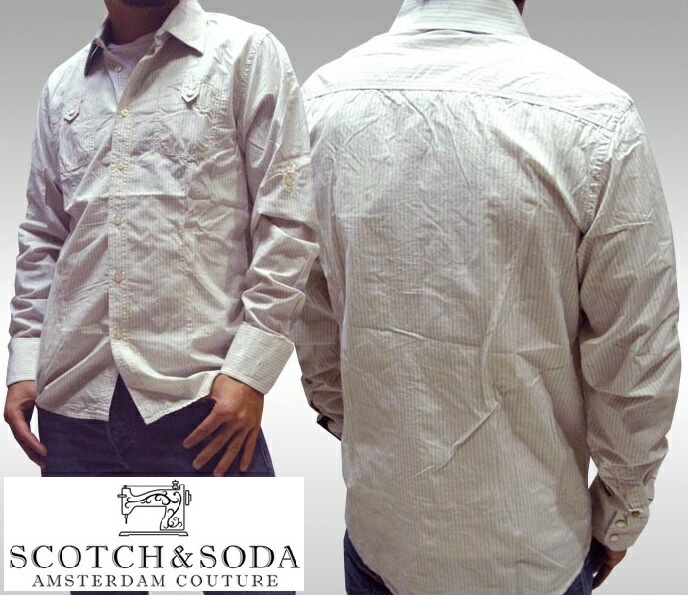 スコッチ&ソーダ スコッチアンドソーダ scotch&soda メンズ 長袖 シャツ ストライプ イエロー ブラック ダブルスナップボタン ロールアップ トップス カジュアル サーフ セレブ ストリー