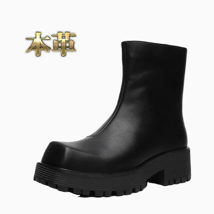 ショートブーツ メンズ 本革 バックージッパー ブーツ ブラック おしゃれ 人気 スタイルアップ ヒールアップ 厚底 スマート ハード ロック 【6.0cm身長アップ】
