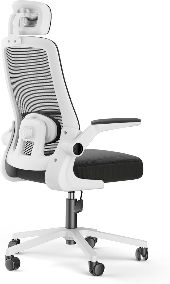 オフィスチェア デスクチェア ゲーミングチェア 腰サポート可動式ランバー 跳ね上げ式アームレスト 2Dヘッドレスト 30ロッキング 通気性メッシュ 8CM厚座面 (ホワイト, 大型)