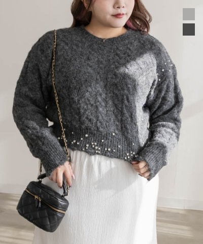 大きいサイズ レディース LL 3L 4L XL XXL XXXL ビジュー付きダメージヘムニット