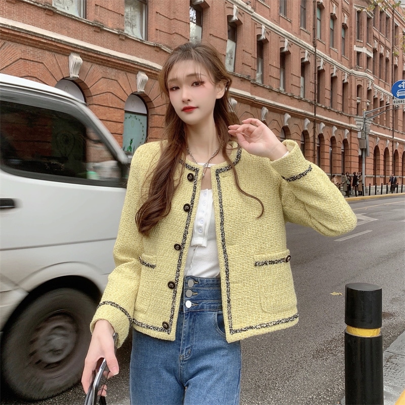 ツイードジャケット トップス スイート フェミニン イエロー 黄色 ショート丈 袖あり 長袖