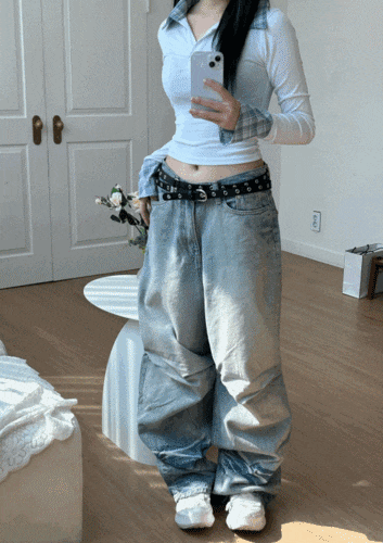 [OOT/パンツグルメ] ライトブルー プリーツ ワイド デニム パンツ