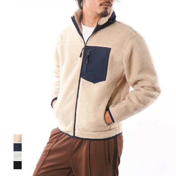 ジャケット ブルゾン ボアジャケット シープボア ミディアム 無地 長袖 切替 ジップアップブルゾン スタンドカラー ポケット アウター メンズ ベージュネイビー ブラックブラック アイボリーネ