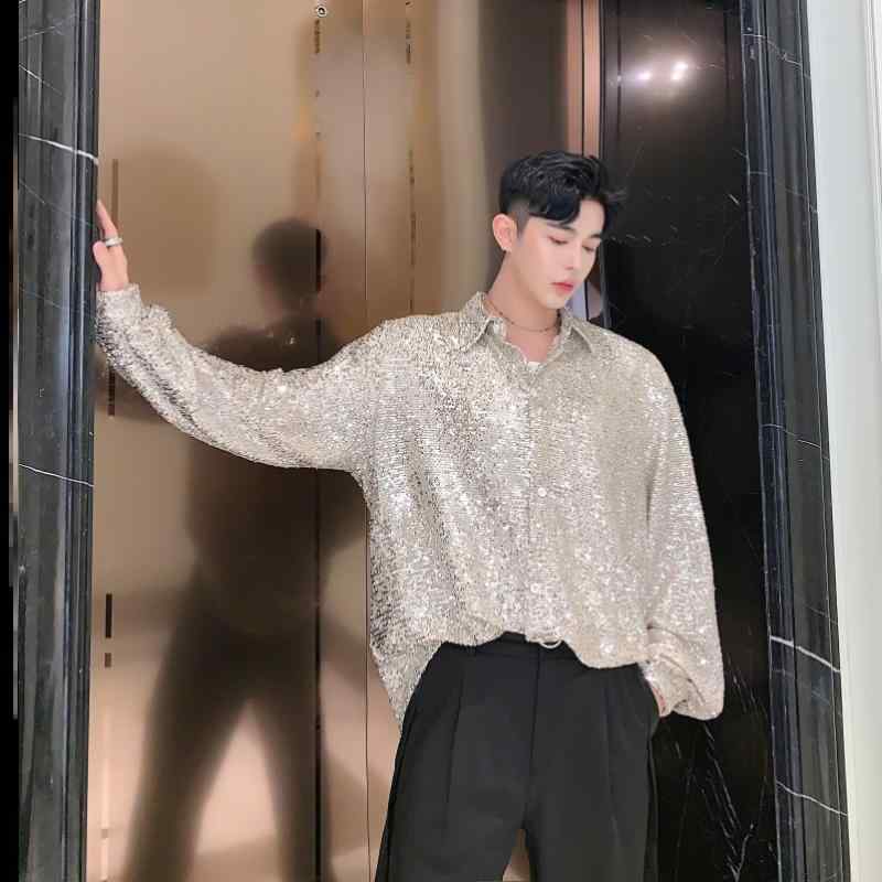 シャツ メンズ カジュアル アメリカン 春秋 長袖 トップス スパンコール 韓国 ベージュ ブラック