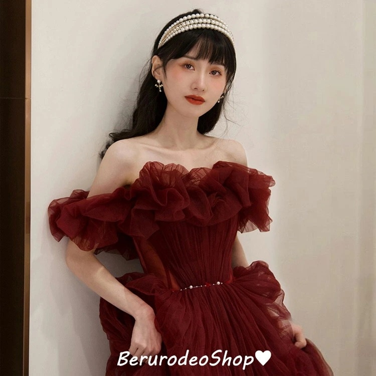 結婚式ドレス 二次会ドレス ワイン赤 イブニングドレス オフショルダー チュール ドレス 発表会ドレス パーティードレス Aライン ロングドレス ワインレッド 4,929円
