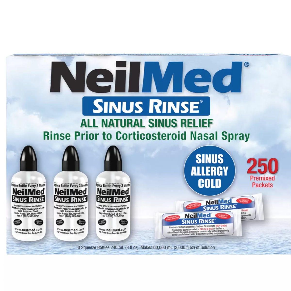 ニールメッド サイナスリンス キット 250包セット 240ml洗浄ボトル×3本付 鼻うがい 鼻洗浄 NeilMed Sinus Rinse Set #17002
