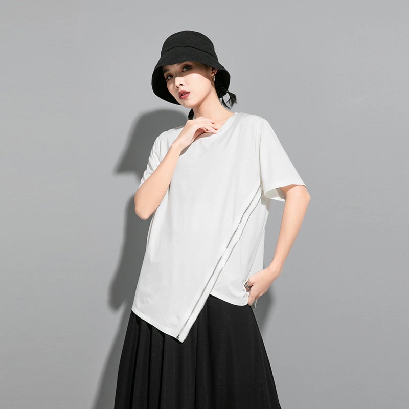 欧米の夏tシャツの暗黒非対称ジッパーが痩せている半袖弾力がゆるい大きいサイズ ロンT