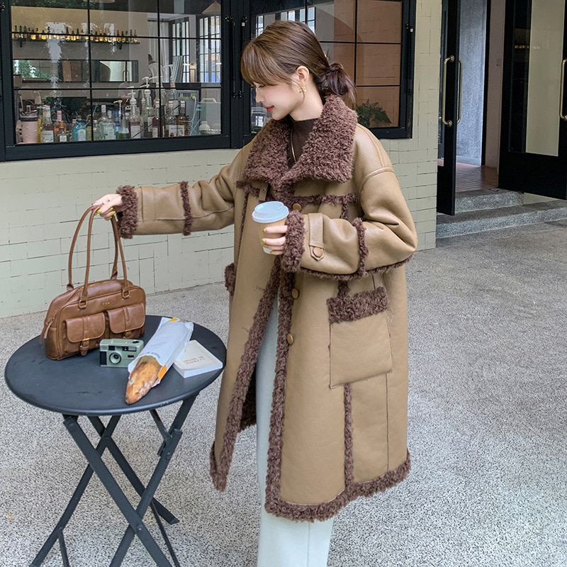 ホットスタイルカーキラムウールコート2024新作ゆったりあったかファーオールインワン増厚