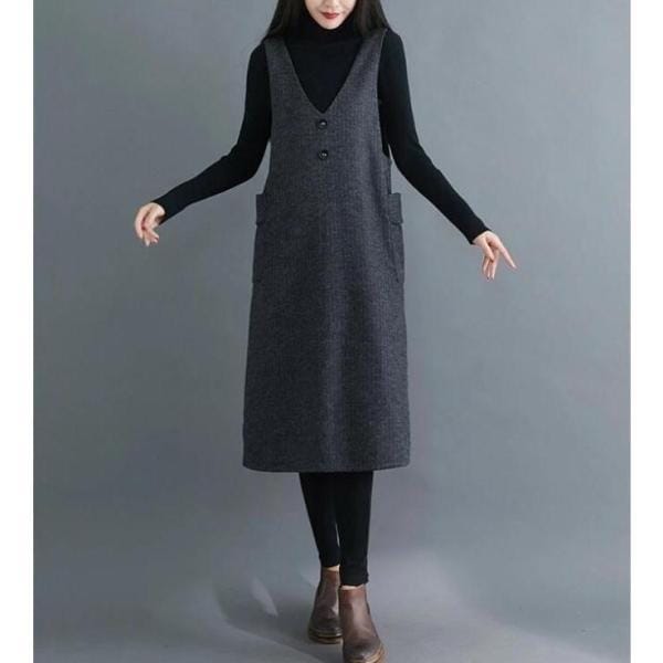 ジャンパースカート ロングベスト ワンピース 秋 冬 レディース 40代 50代 秋冬 きれいめ Vネック ジャンスカ ポケット ストライプ ツイード スカート