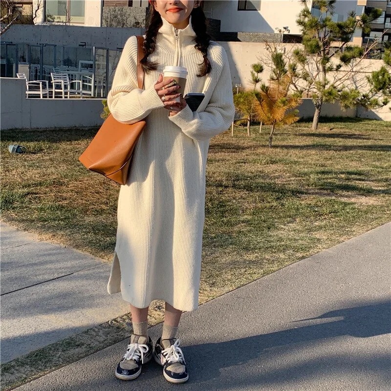 冬のワンピース 秋服レディース韓国ファッション可愛いピンク長袖セーターハイネックニットワンピース冬ロングゆったり着痩せ脚長効果 母の日 ベ一シックニット