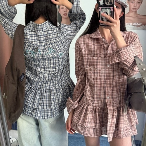 [2色]クラッシュフェミニンルック刺繍ディテールシャツワンピース