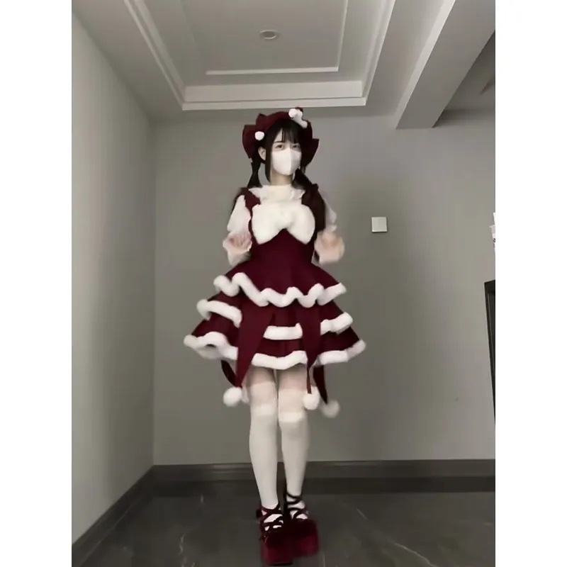 ロリータドレスクリスマスレッドティーンエイジロリータリボンデザインポンポンキャミソールトップファッションセットインス和服コスチュームコスチューム