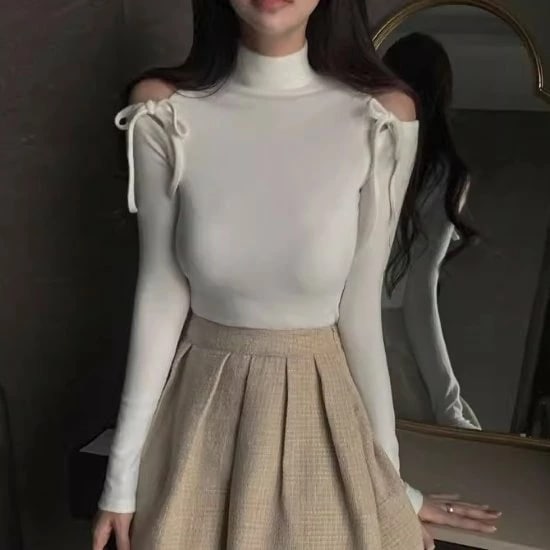 長袖Ｔシャツ レディース トップス プルオーバー 肩出し リボン ハイネック シンプル 無地 スリムフィット カジュアル お出かけ おしゃれ 女性 ファッション きれいめ フリーサイズ カットソー