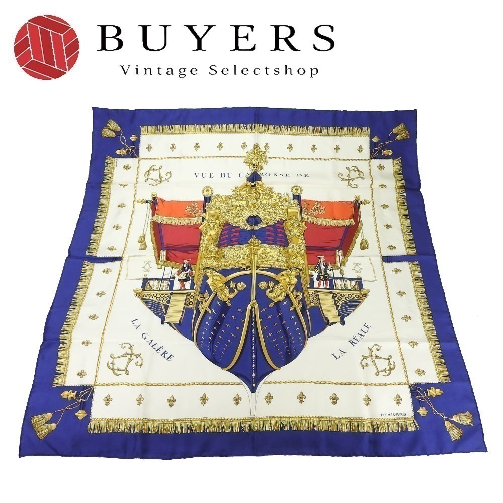中古 エルメス スカーフ カレ90 シルク100% VUE DU CAROSSE DE LA GALERE LA REALE クイーンの戴冠式 ブルー イエロー ホワイト レディース 女性 HERM