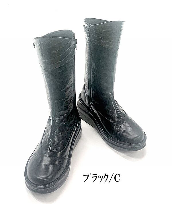 ブーツ レディースシューズ レディースファッション 靴 クロコ調 エナメル コンビ ミドルブーツ