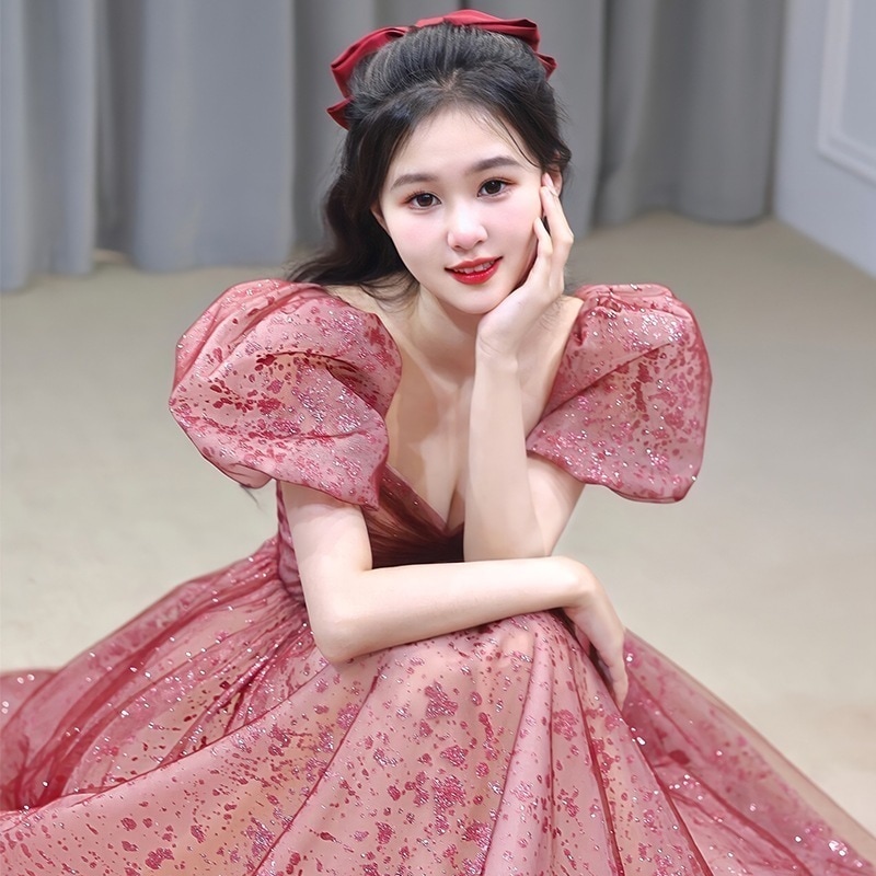 2025 新 花嫁 イブニングドレス逃亡者プリンセス風 婚約 / 結婚式 パフスリーブ 王女気質 スリム 女性用